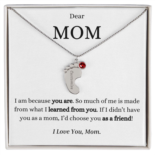 Mom Engraved Baby Feet Necklace With Birthstones-Customizable