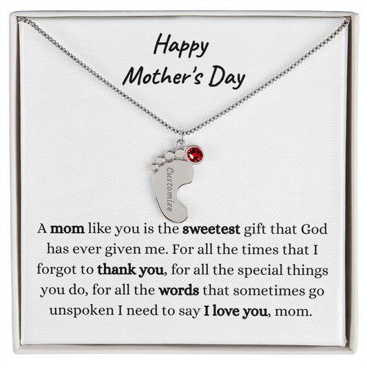 Engraved Baby Feet Necklace With Birthstones-Customizable for Mom